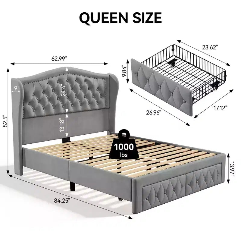 Cadre de lit Queen Size, Lit plateforme rembourré en velours avec 2 tiroirs de rangement, Tête de lit haute à oreilles, Lattes en bois, Pas besoin de sommier tapissier