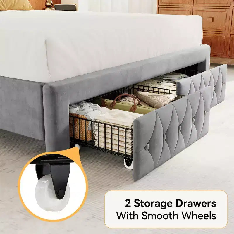 Cadre de lit Queen Size, Lit plateforme rembourré en velours avec 2 tiroirs de rangement, Tête de lit haute à oreilles, Lattes en bois, Pas besoin de sommier tapissier