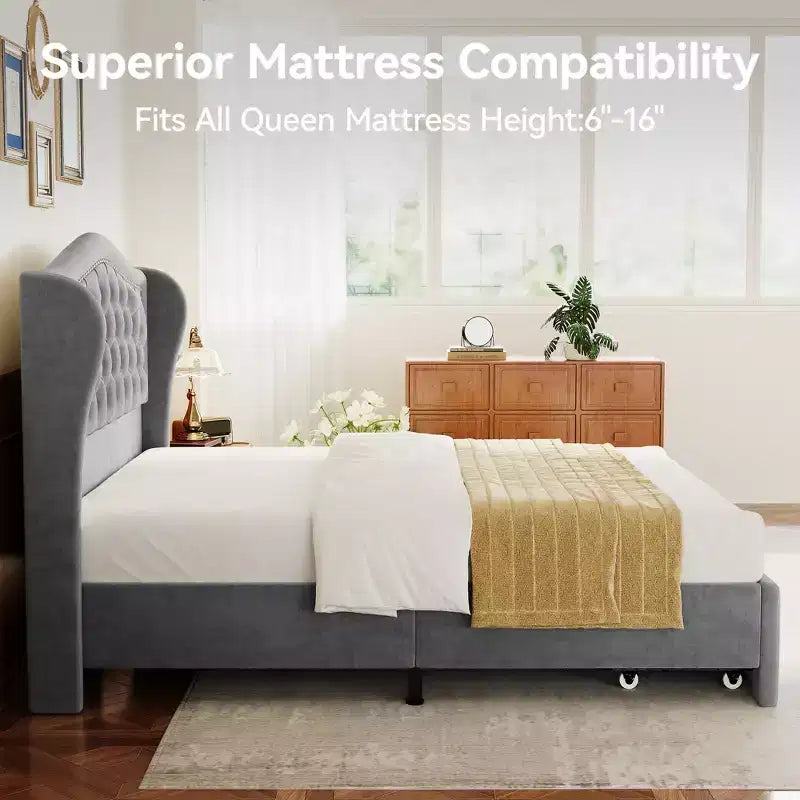 Cadre de lit Queen Size, Lit plateforme rembourré en velours avec 2 tiroirs de rangement, Tête de lit haute à oreilles, Lattes en bois, Pas besoin de sommier tapissier