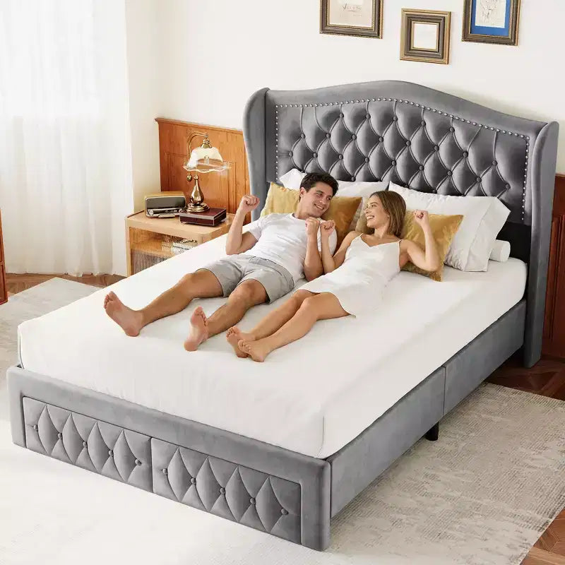 Cadre de lit Queen Size, Lit plateforme rembourré en velours avec 2 tiroirs de rangement, Tête de lit haute à oreilles, Lattes en bois, Pas besoin de sommier tapissier