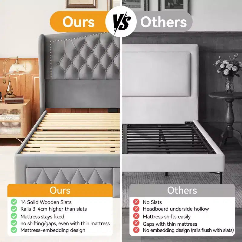 Cadre de lit Queen Size, Lit plateforme rembourré en velours avec 2 tiroirs de rangement, Tête de lit haute à oreilles, Lattes en bois, Pas besoin de sommier tapissier