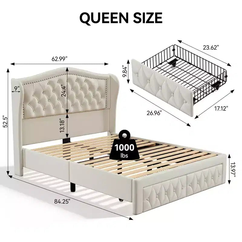 Cadre de lit Queen Size, Lit plateforme rembourré en velours avec 2 tiroirs de rangement, Tête de lit haute à oreilles, Lattes en bois, Pas besoin de sommier tapissier