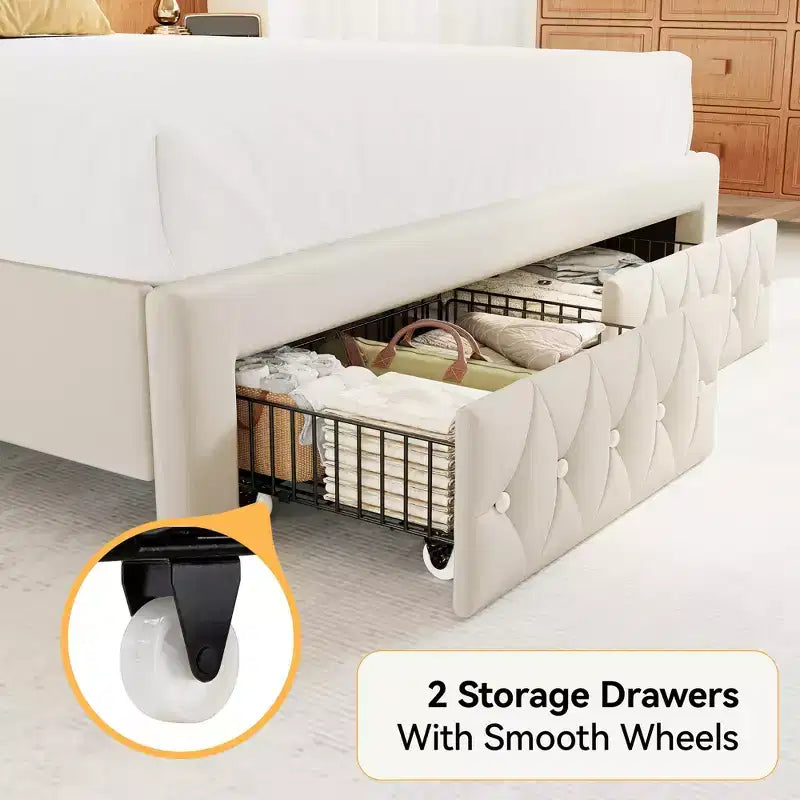 Cadre de lit Queen Size, Lit plateforme rembourré en velours avec 2 tiroirs de rangement, Tête de lit haute à oreilles, Lattes en bois, Pas besoin de sommier tapissier