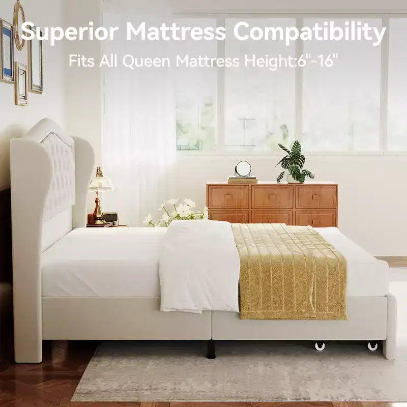 Cadre de lit Queen Size, Lit plateforme rembourré en velours avec 2 tiroirs de rangement, Tête de lit haute à oreilles, Lattes en bois, Pas besoin de sommier tapissier