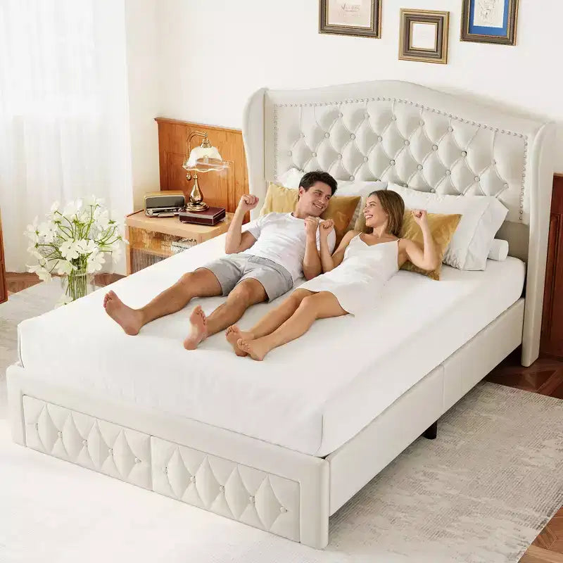 Cadre de lit Queen Size, Lit plateforme rembourré en velours avec 2 tiroirs de rangement, Tête de lit haute à oreilles, Lattes en bois, Pas besoin de sommier tapissier
