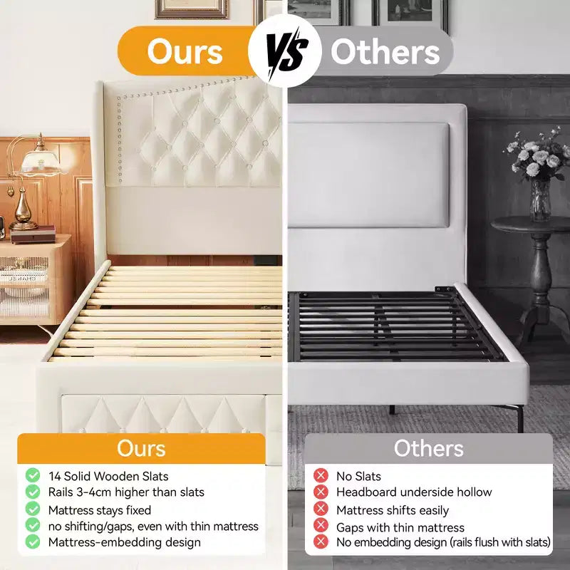 Cadre de lit Queen Size, Lit plateforme rembourré en velours avec 2 tiroirs de rangement, Tête de lit haute à oreilles, Lattes en bois, Pas besoin de sommier tapissier