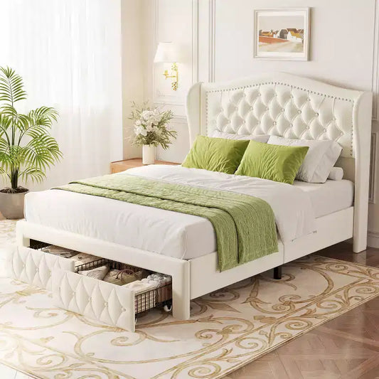 Dyonery Queen Bed Frame, Velvet Upholstered Platform Bed with 2 Storage Drawers, Tall Wingback Headboard, Wooden Slats, No Box Spring Needed