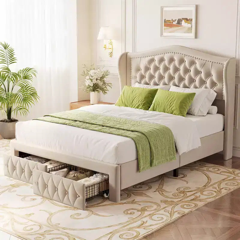 Cadre de lit Queen Size, Lit plateforme rembourré en velours avec 2 tiroirs de rangement, Tête de lit haute à oreilles, Lattes en bois, Pas besoin de sommier tapissier