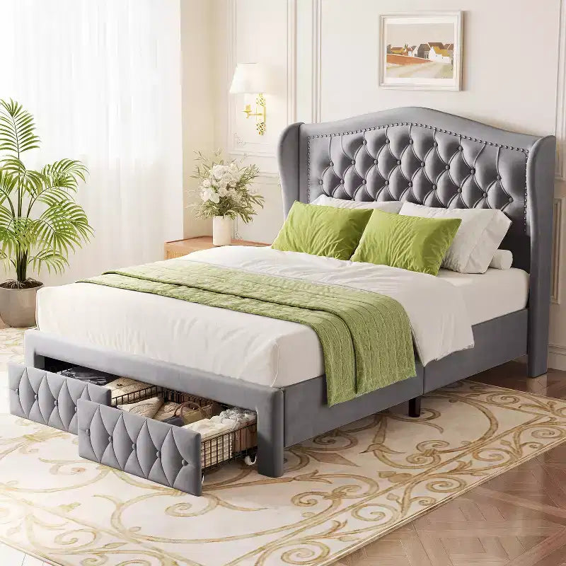Cadre de lit Queen Size, Lit plateforme rembourré en velours avec 2 tiroirs de rangement, Tête de lit haute à oreilles, Lattes en bois, Pas besoin de sommier tapissier