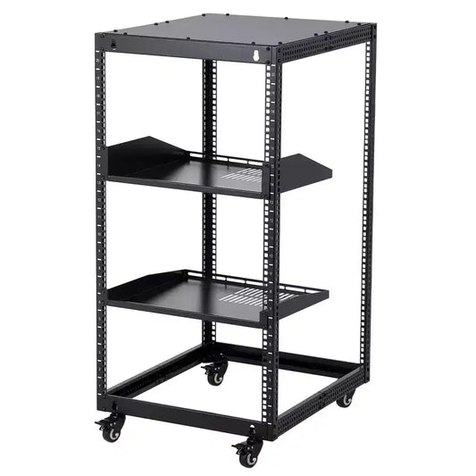 20U Open Frame Network Rack, Carbon Steel, Adjustable Depth 22-40in, with 2 Shelves & Casters, Wall Mount & Free Standing