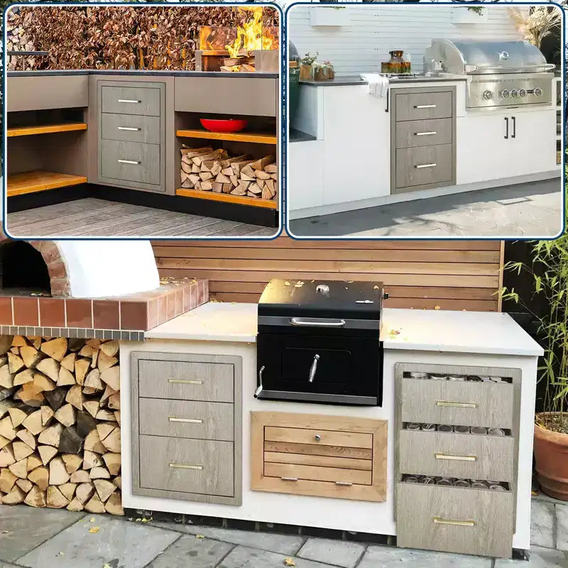 Tiroirs triples pour cuisine extérieure 15,6 L x 20,5 H x 23 P, en acier inoxydable avec porte d'accès latérale pour îlot de barbecue, station de grillades de patio