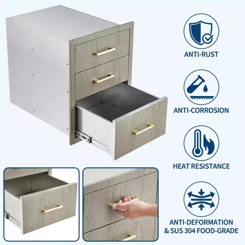 Tiroirs triples pour cuisine extérieure 15,6 L x 20,5 H x 23 P, en acier inoxydable avec porte d'accès latérale pour îlot de barbecue, station de grillades de patio