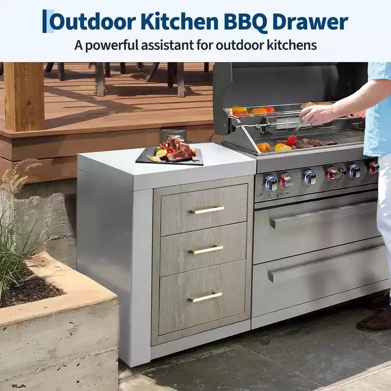 Tiroirs triples pour cuisine extérieure 15,6 L x 20,5 H x 23 P, en acier inoxydable avec porte d'accès latérale pour îlot de barbecue, station de grillades de patio