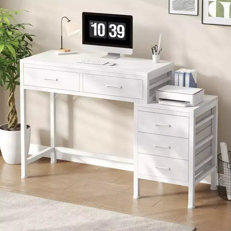 Bureau informatique de 51" avec 5 tiroirs et support d'imprimante, bureau d'écriture pour le bureau, la chambre et le salon