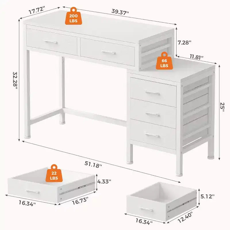 Bureau informatique de 51" avec 5 tiroirs et support d'imprimante, bureau d'écriture pour le bureau, la chambre et le salon