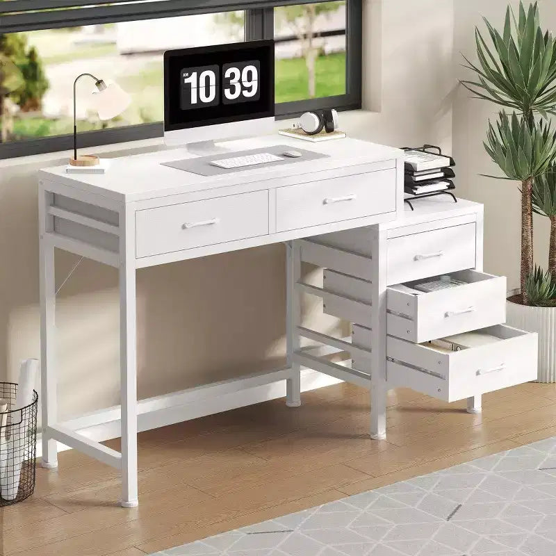 Bureau informatique de 51" avec 5 tiroirs et support d'imprimante, bureau d'écriture pour le bureau, la chambre et le salon