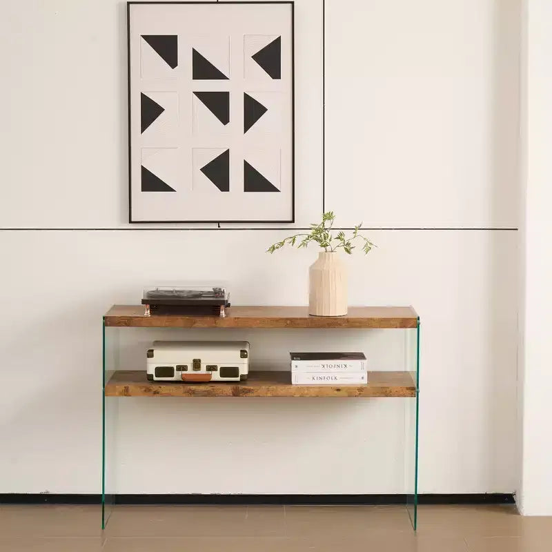 Console en MDF Noyer avec Plateau en Verre Trempé, Table d'Entrée Moderne pour Couloir et Salon