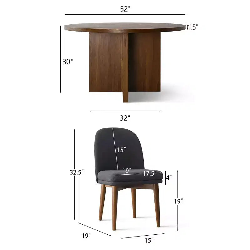 Table à manger ronde de style Mid-Century avec plateau en placage de noyer, piétement croisé en bois massif et chaises en lin avec pieds en bois massif.