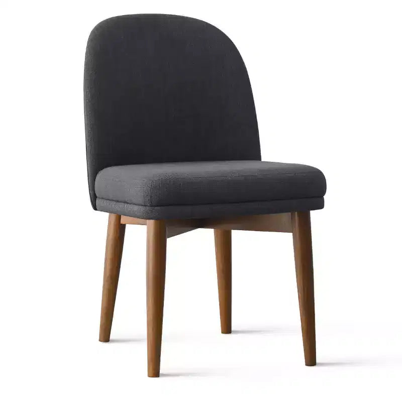 Table à manger ronde de style Mid-Century avec plateau en placage de noyer, piétement croisé en bois massif et chaises en lin avec pieds en bois massif.
