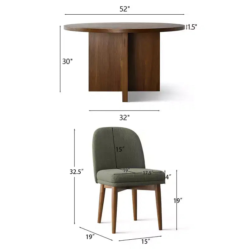 Table à manger ronde de style Mid-Century avec plateau en placage de noyer, piétement croisé en bois massif et chaises en lin avec pieds en bois massif.