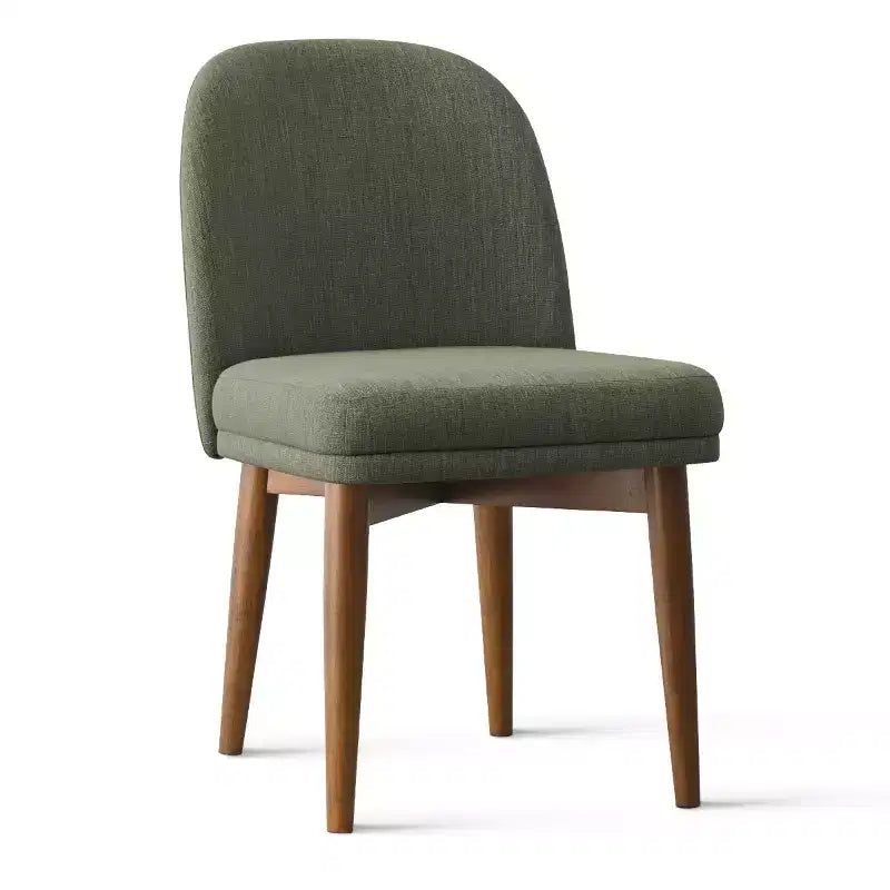 Table à manger ronde de style Mid-Century avec plateau en placage de noyer, piétement croisé en bois massif et chaises en lin avec pieds en bois massif.