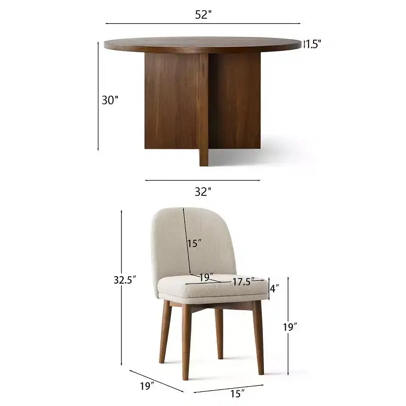 Table à manger ronde de style Mid-Century avec plateau en placage de noyer, piétement croisé en bois massif et chaises en lin avec pieds en bois massif.