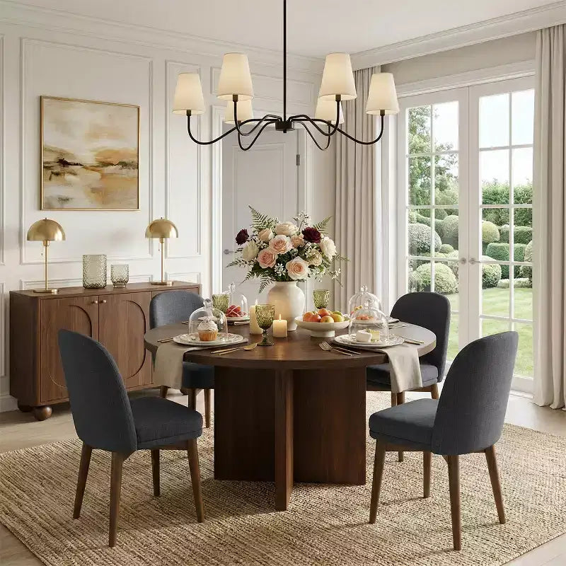 Table à manger ronde de style Mid-Century avec plateau en placage de noyer, piétement croisé en bois massif et chaises en lin avec pieds en bois massif.