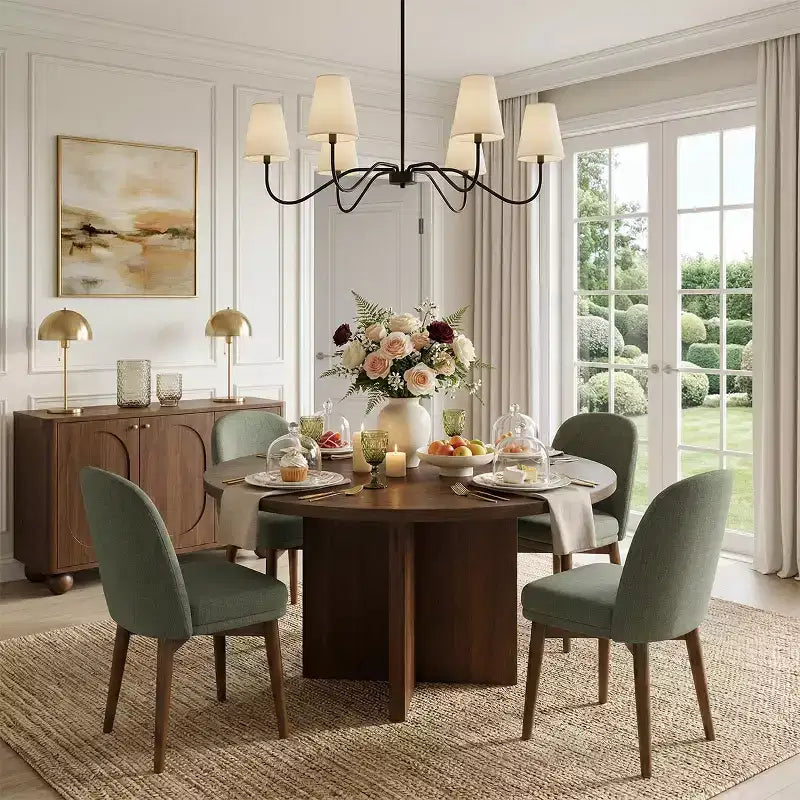 Table à manger ronde de style Mid-Century avec plateau en placage de noyer, piétement croisé en bois massif et chaises en lin avec pieds en bois massif.