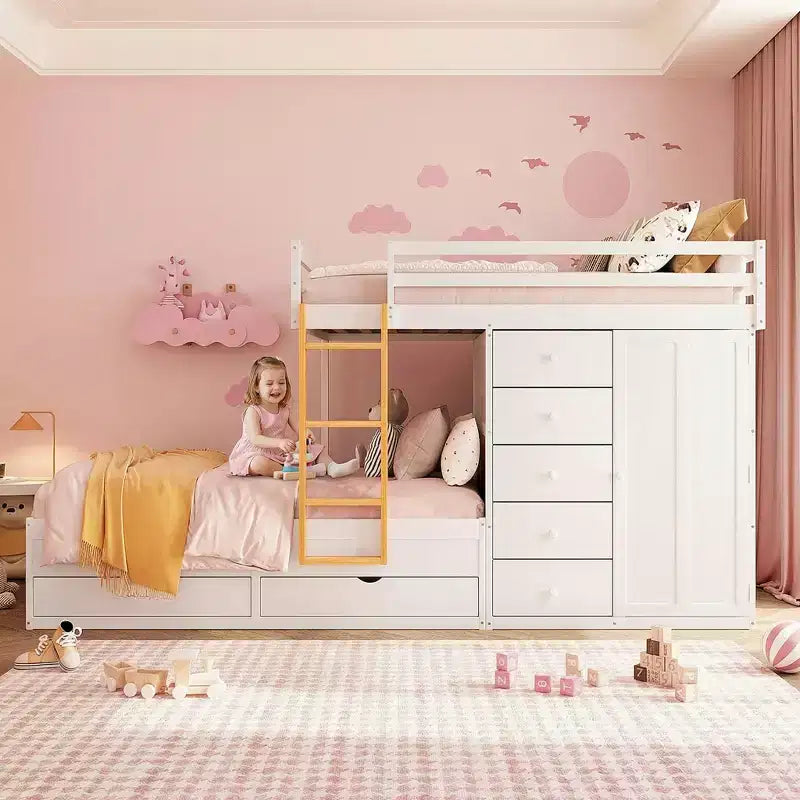 JVNOXK Full Size Bunk Bed with 2 Large Drawers & 5 Small Drawers, MDF & Solid Wood Construction, Modern Storage Design with Small Wardrobe,White