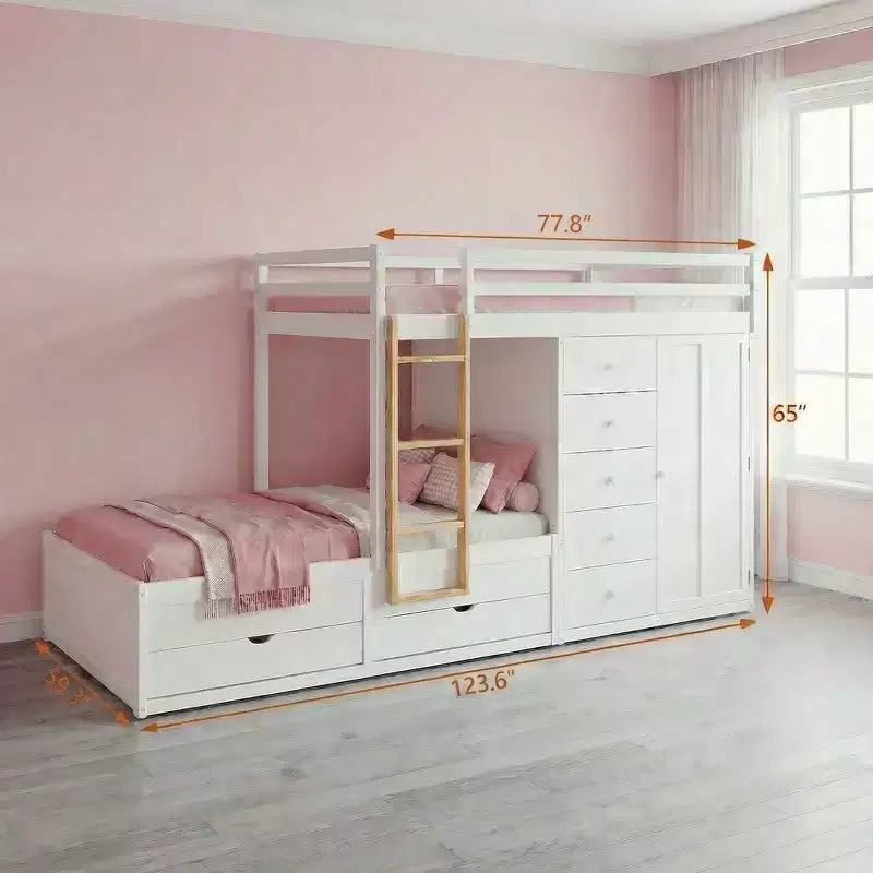 Lit superposé pleine grandeur avec 2 grands tiroirs et 5 petits tiroirs, construction en MDF et bois massif, design de rangement moderne avec petite armoire, blanc