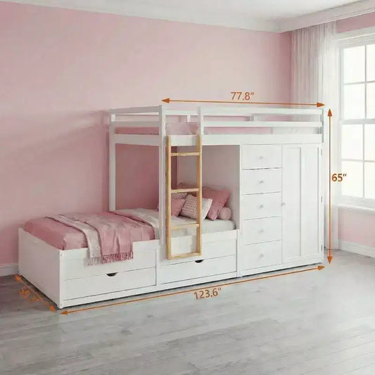 Lit superposé pleine grandeur avec 2 grands tiroirs et 5 petits tiroirs, construction en MDF et bois massif, design de rangement moderne avec petite armoire, blanc