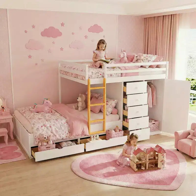 Lit superposé pleine grandeur avec 2 grands tiroirs et 5 petits tiroirs, construction en MDF et bois massif, design de rangement moderne avec petite armoire, blanc