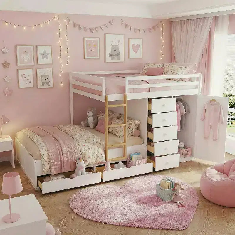 Lit superposé pleine grandeur avec 2 grands tiroirs et 5 petits tiroirs, construction en MDF et bois massif, design de rangement moderne avec petite armoire, blanc