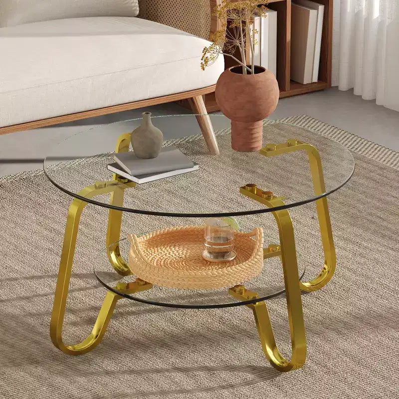 Fun little toys brand Retro minimalist style metal frame double-layer tempered glass coffee table, size 31.5 * 31.5 * 17.7 inches