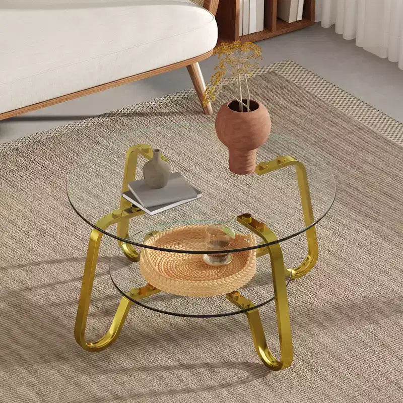 Table basse en verre trempé double couche avec cadre métallique de style rétro minimaliste, dimensions 80 x 80 x 45 cm