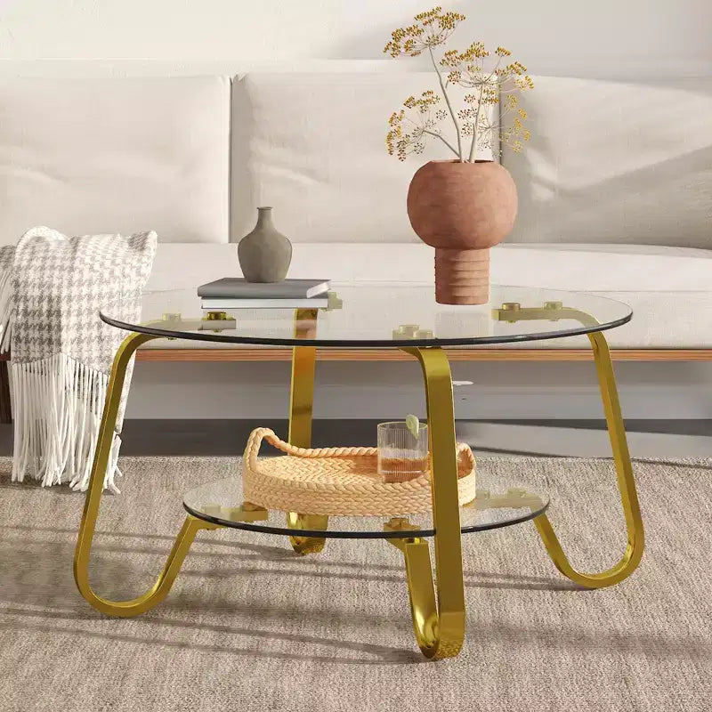 Table basse en verre trempé double couche avec cadre métallique de style rétro minimaliste, dimensions 80 x 80 x 45 cm