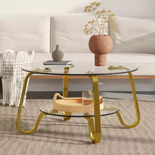 Table basse en verre trempé double couche avec cadre métallique de style rétro minimaliste, dimensions 80 x 80 x 45 cm