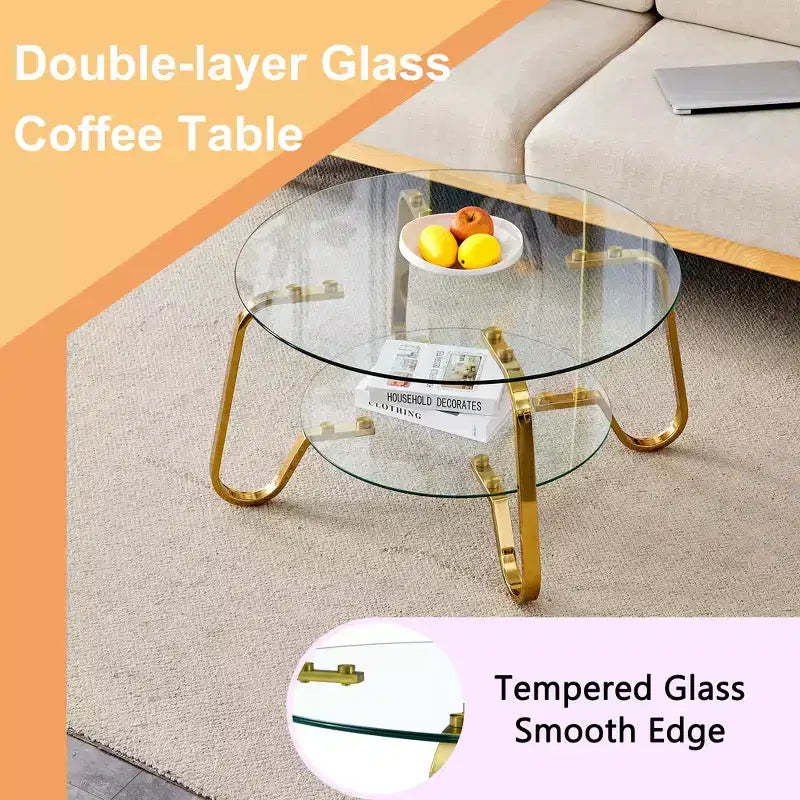 Table basse en verre trempé double couche avec cadre métallique de style rétro minimaliste, dimensions 80 x 80 x 45 cm