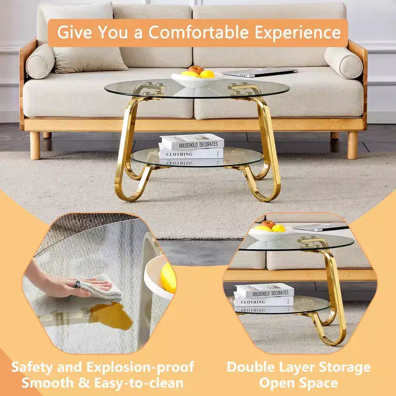 Table basse en verre trempé double couche avec cadre métallique de style rétro minimaliste, dimensions 80 x 80 x 45 cm