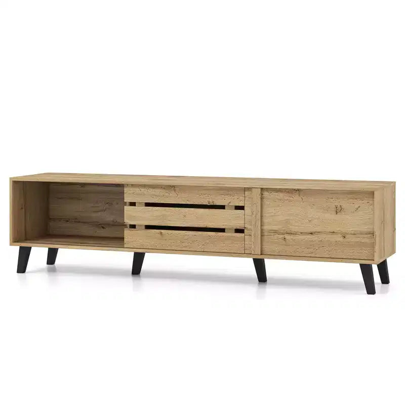 Meuble TV pour téléviseurs 80 pouces avec portes coulissantes, étagères de rangement et gestion des câbles