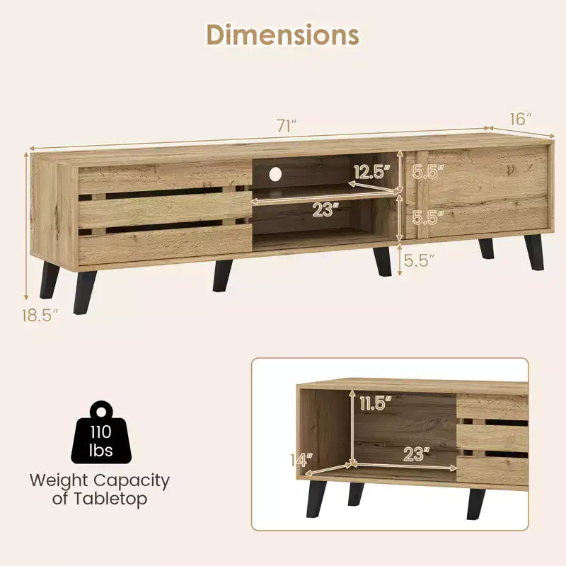 Meuble TV pour téléviseurs 80 pouces avec portes coulissantes, étagères de rangement et gestion des câbles