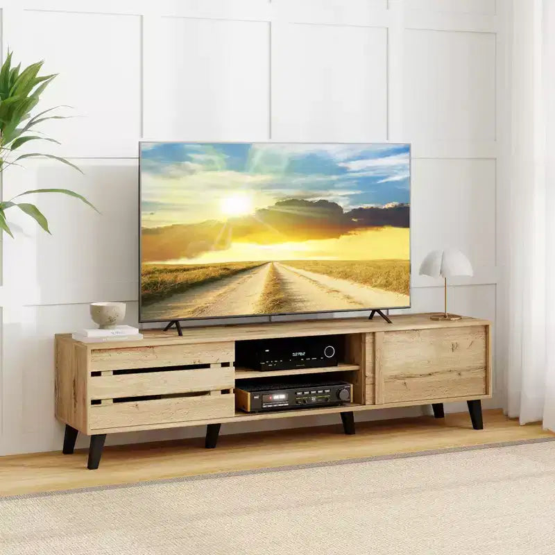 Meuble TV pour téléviseurs 80 pouces avec portes coulissantes, étagères de rangement et gestion des câbles