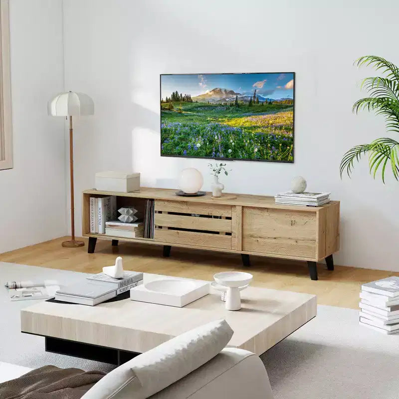 Meuble TV pour téléviseurs 80 pouces avec portes coulissantes, étagères de rangement et gestion des câbles