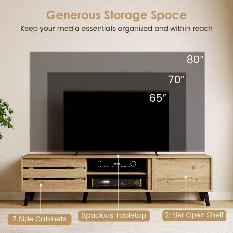 Meuble TV pour téléviseurs 80 pouces avec portes coulissantes, étagères de rangement et gestion des câbles