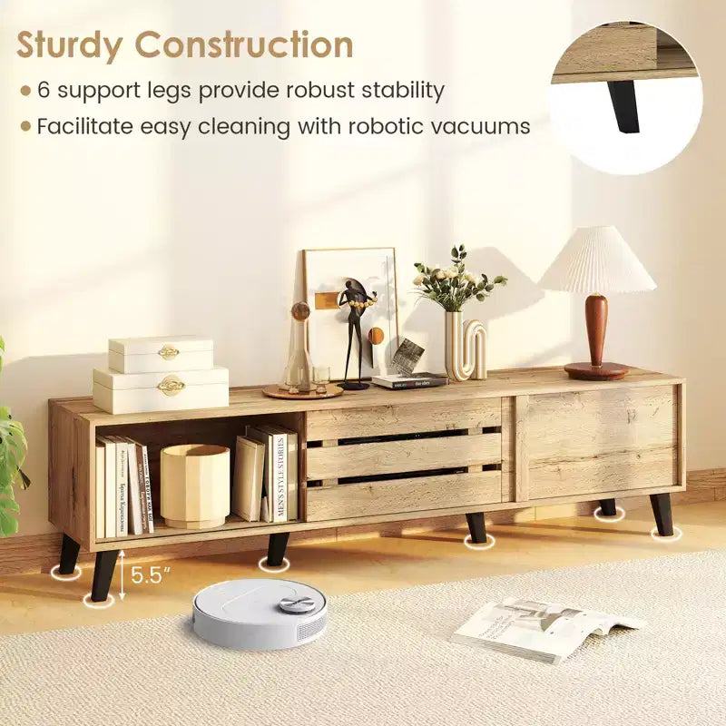 Meuble TV pour téléviseurs 80 pouces avec portes coulissantes, étagères de rangement et gestion des câbles
