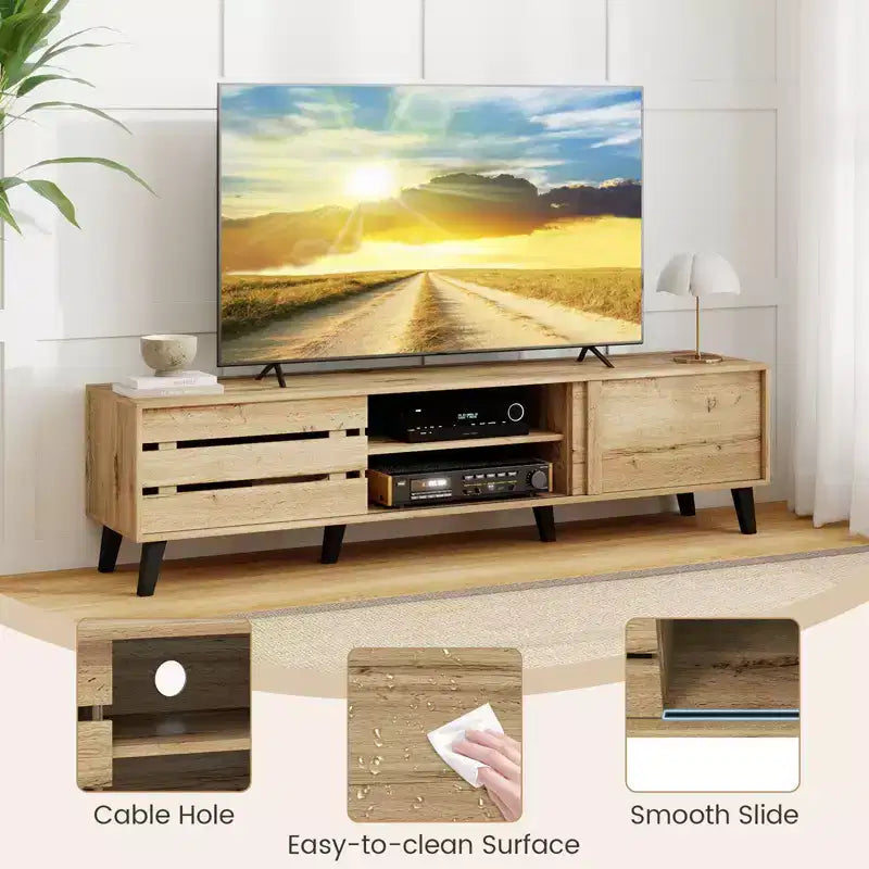 Meuble TV pour téléviseurs 80 pouces avec portes coulissantes, étagères de rangement et gestion des câbles
