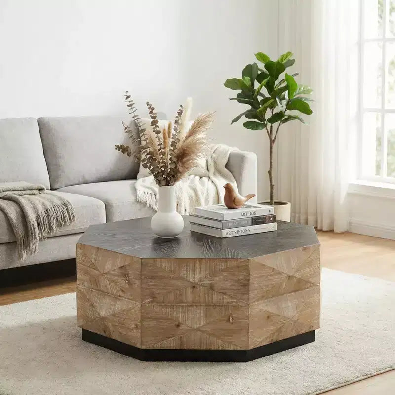 JVNOXK 38 Octagon Retro Wood Coffee Table with 3D Embossed Pattern for Living Room