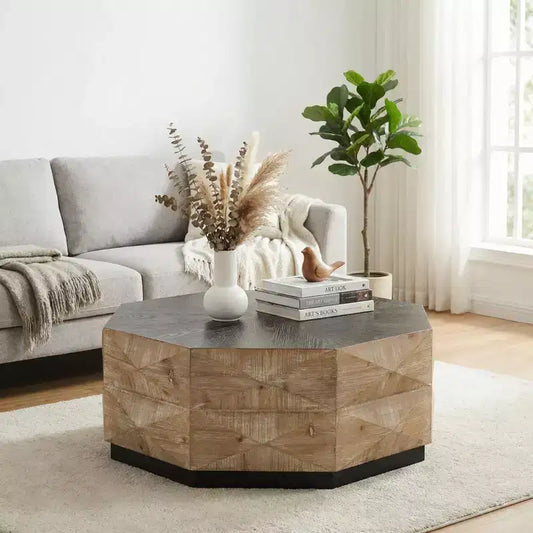 JVNOXK 38 Octagon Retro Wood Coffee Table with 3D Embossed Pattern for Living Room