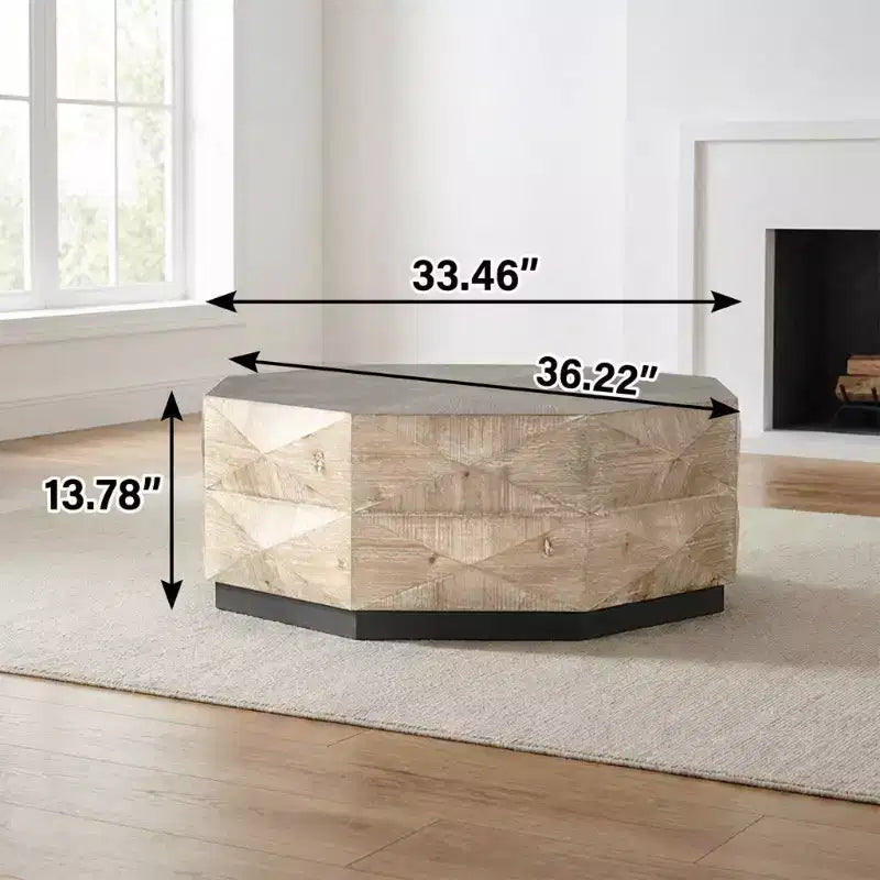 Table basse octogonale rétro en bois de 38 po avec motif gaufré 3D pour salon