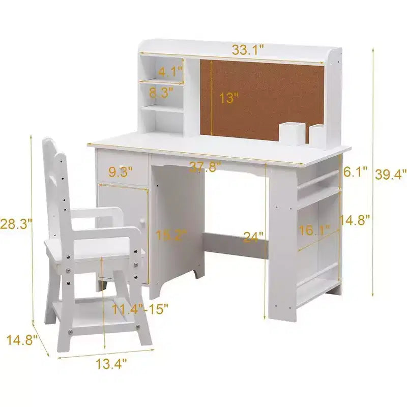 Bureau et Chaise d'Étude - Bureau d'Étude pour Enfants, Comprend une Étagère, un Panneau d'Affichage et des Casiers, pour Garçons et Filles de 3 à 8 Ans, Blanc